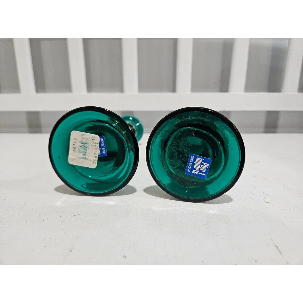 Vtg Pier 1 Emerald Green Glass Blown Glass Candle Holders, Made in Spain, 7.75